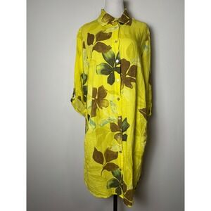 Colette Linen Blend Floral Tunic Shirt Dress L Coastal Resort Cover-Up Roll Tab